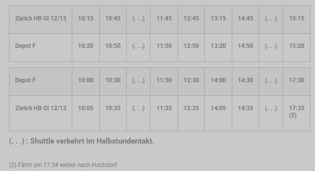 Fahrplan Shuttle Sonntag